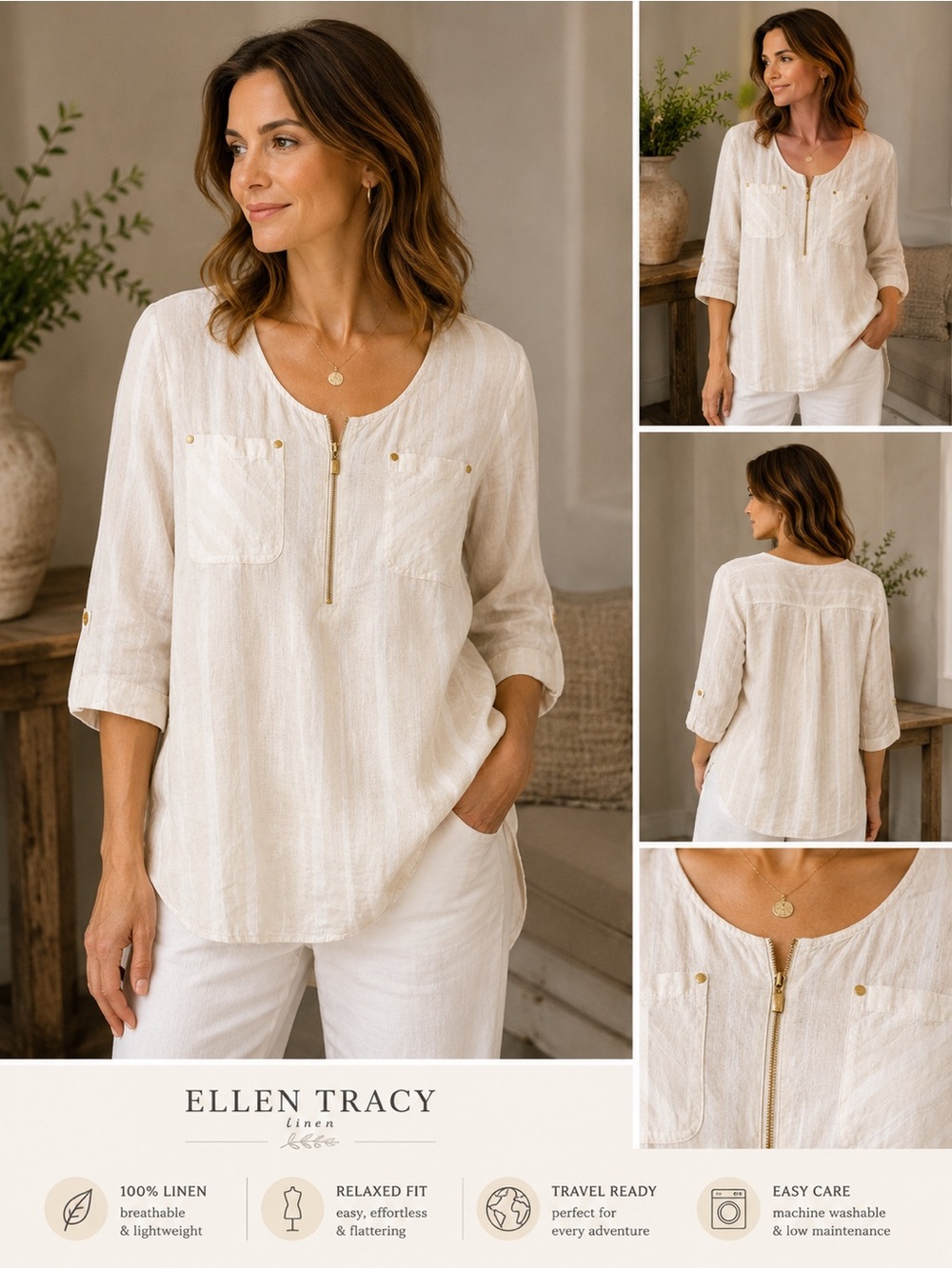 Vintage Ellen Tracy Linen Zip Front Tunic Top White Gold Accent‎ Pockets XL